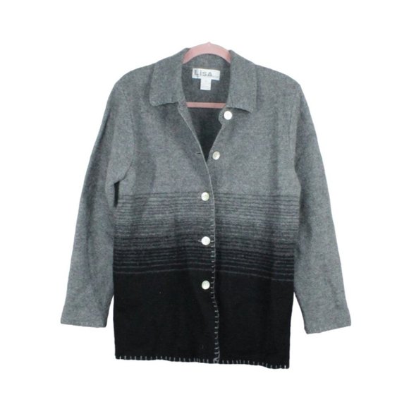 Vintage! Lisa International Gray Black Button Down Boiled Wool Sweater Size M - Picture 1 of 6